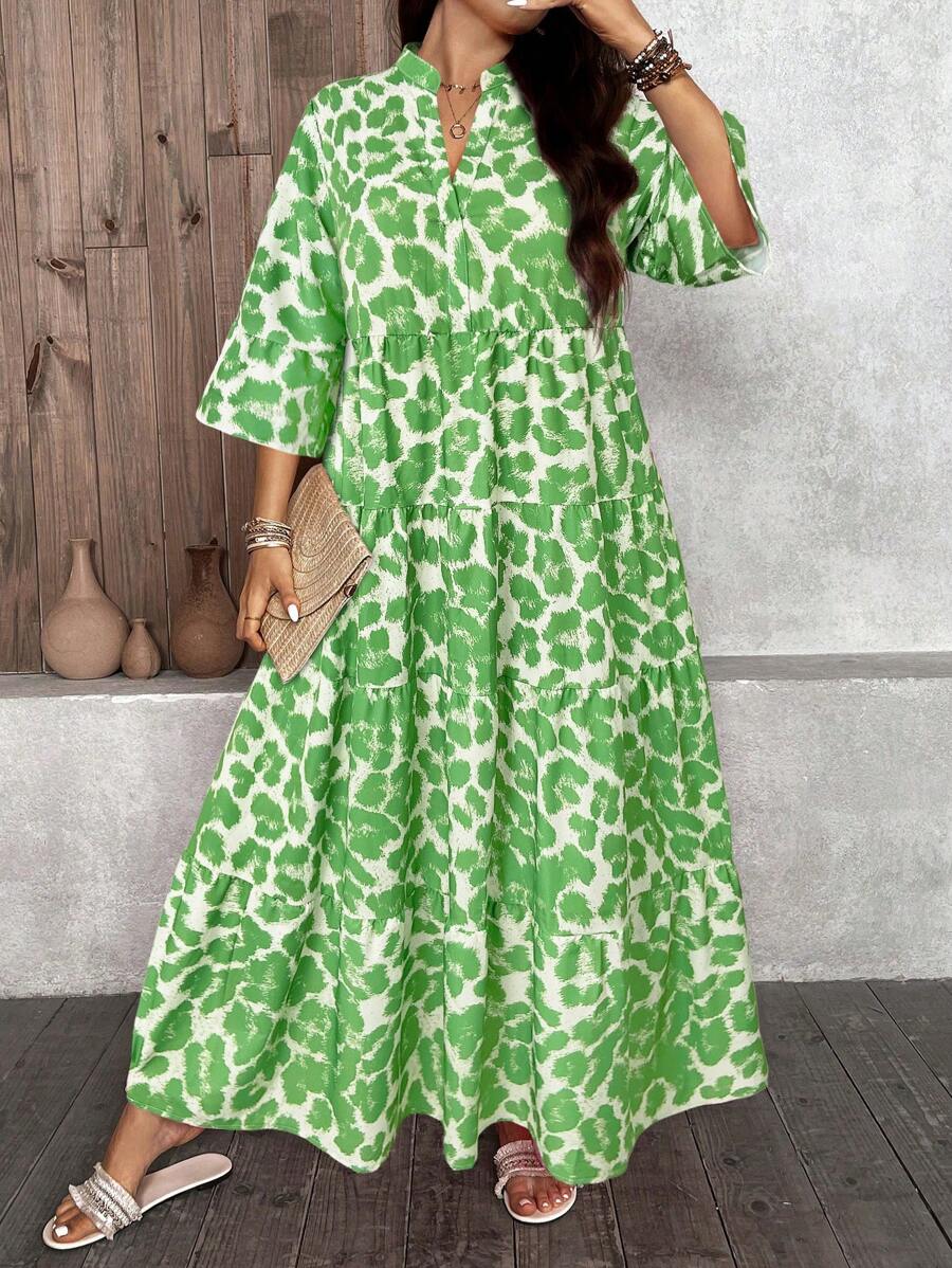 SHEIN LUNE Plus Size Pink Leopard Print Casual 4-Layered Dress Summer St Patrick Day Vacation Outfits Spring Outfits For Women Summer Clothes - Mint Green - View 1