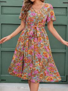 Ellevyn Vacation Outfits Woman,Boho Dress,Summer Elegant Women's Flower Print V-Neck Waist Cinched A-Line Short Sleeved Dress, Suitable For Various Occasions, Summer Vacation, Elegant Travel, Daily Commuting Can All Be Worn - Multicolor - View 5