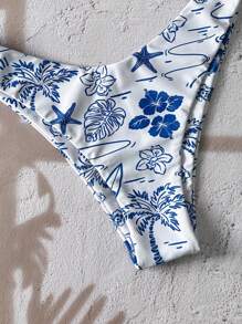 Swim Vcay 女士夏季中国风印花扭结细肩带高衩性感比基尼套装 - 藍白色 - 查看 8