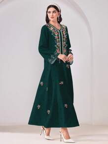 SHEIN Najma 优雅花卉印花保守阿拉伯连衣裙，适合夏季 - 墨綠色 - 查看 1