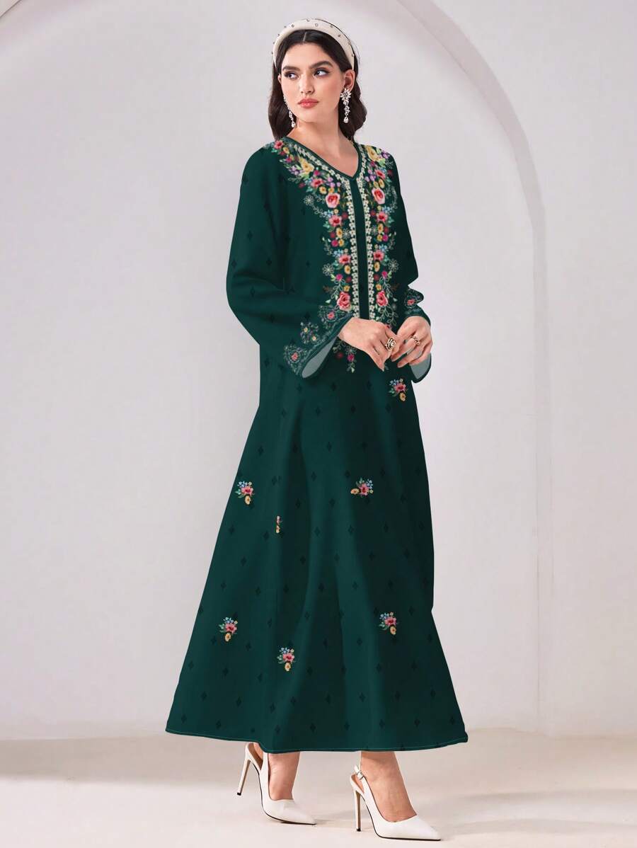 SHEIN Najma 优雅花卉印花保守阿拉伯连衣裙,适合夏季 - 墨綠色 - 查看 1