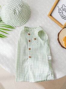 SHEIN 2pcs Newborn Baby Boy Summer Cute Casual Green Plaid Romper With Hat, Suitable For Birthday Party, Evening Party, Performance, Wedding, One Month Celebration, Christening And 1st Birthday, Baby Shower, Wedding Guest, Pageboy, Ring Bearer, Flower Girl - Multicolor - View 6
