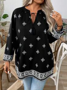 SHEIN LUNE Women's V-Neck Tie Lantern Sleeve Long Sleeve Fashionable Printed Versatile Plus Size Blouse
