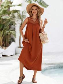 EMERY ROSE 女士长款纯色休闲连衣裙，简约时尚日常穿着 - 珊瑚橙 - 查看 1