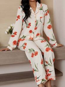 LuxeNights Conjunto de Pijama com Top de Manga Longa com Gola Esporte e Calça, Estampa Floral com Textura de Bolha, Roupas de Outono e Inverno - Multicolorido - Visão 2