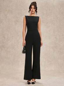 Mono sin mangas con espalda descubierta y lazo decorativo para mujeres, de pierna ancha - Elegante atuendo para salir, citas, fiestas - Mono asimétrico versátil - Negro - Ver 3