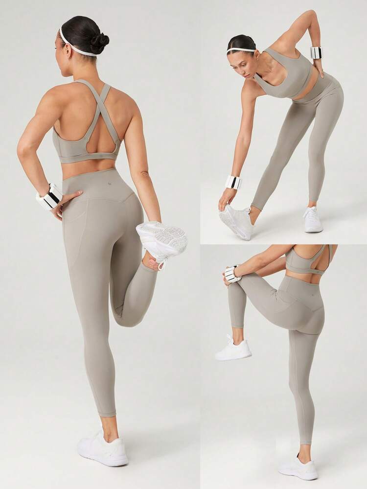 Powersculpt™ フィットネスブラと24"レギンスセット 2点 吸汗速乾 クールタッチ クロスバック ワイドストラップ ハイインパクトワークアウト ランニング トレーニング 取り外し可能パッド