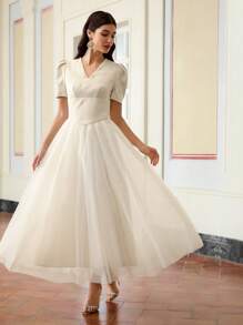 ZEYLAH Women's Rhinestone Decor V-Neck Puff Short Sleeve Elegant Midi Dress