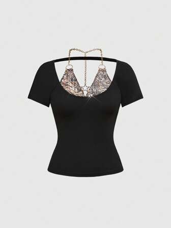 Kawaii T-shirt 2 en 1 avec imprimé léopard pailleté style Y2K, tenue de mode minimaliste pour un port casual quotidien