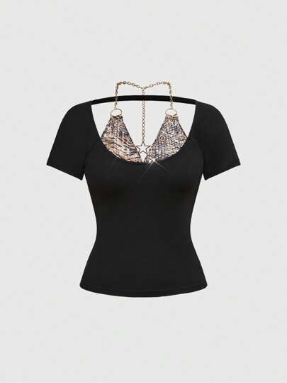 Kawaii Camiseta 2 en 1 con estampado de leopardo, lentejuelas y apliques, estilo minimalista de moda casual para uso diario