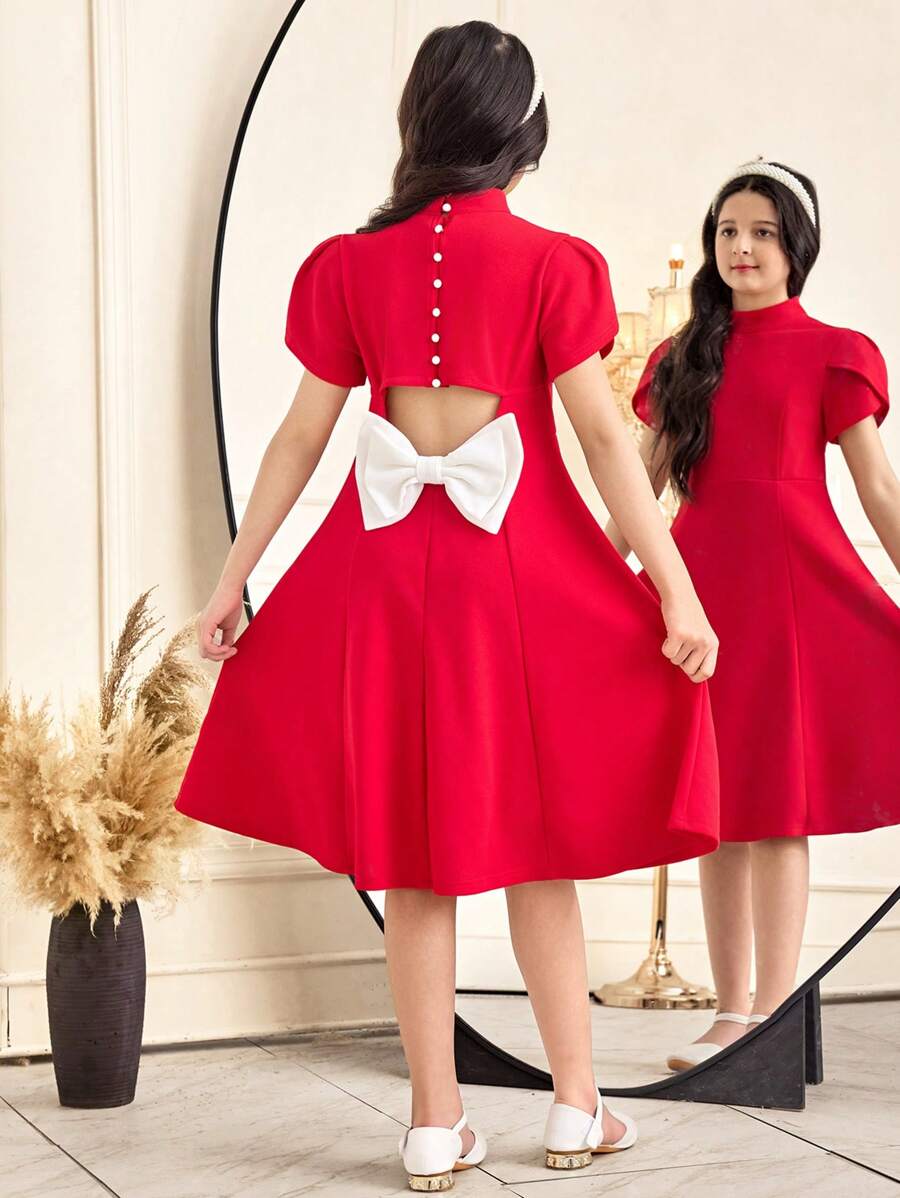 SHEIN Tween Girls' Elegant Backless Big Bow Buttoned Hollow Out A-Line Dress - Red - View 1