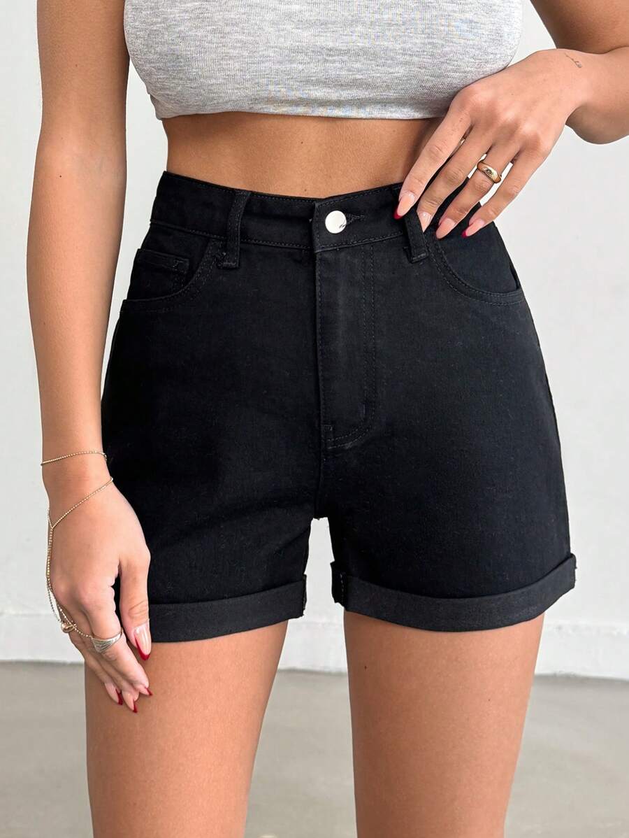 RueChic Women High Waisted Pocketed Casual Slim Fit Shorts, Everyday Wear - Black - View 1