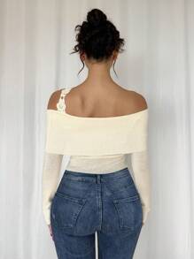 SHEIN Privé New Elegant & Simple Apricot Open Shoulder 3D Floral Decor Waist Loose Long Sleeve Sweater - Apricot - View 2