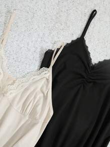 RueChic Women 2 Pcs Lace With Split Detail Homewear Sleveeless Sleep Dress Set - Multicolor - View 4