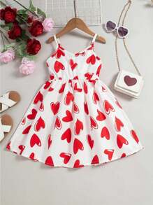 Girls' Sleeveless Heart Print Strap Dress, For Summer - Multicolor - View 1