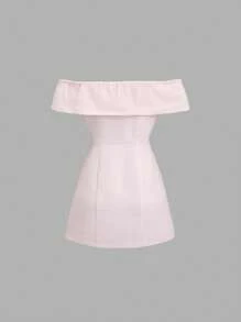 SHEIN Unity Women Off Shoulder Solid Color Simple Fitted Short Casual Dress - Pink - View 2