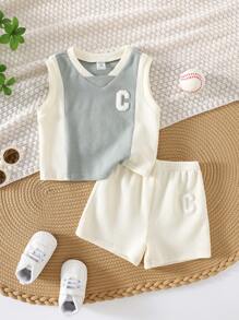 Baby Boy Letter Seal Contrast Color Knitted Soft Round Neck Wide Strap Pullover Top Elastic Waist Shorts Two-Piece Set