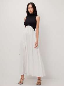 BizChic Black & White Splice 女士优雅露肩漏斗领中长连衣裙，适合春夏季约会