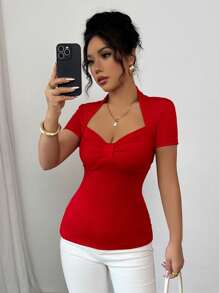 Chiquease 女士性感优雅派对及节日红色蝴蝶结装饰修身高弹柔软亲肤百搭短袖百搭 T 恤 - 紅色 - 查看 7