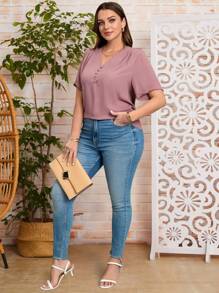 EMERY ROSE Plus Size Solid Color Short Sleeve Shirt, Minimalist Fashion Casual Everyday,Suitable For Summer,Summer Outfits For Women