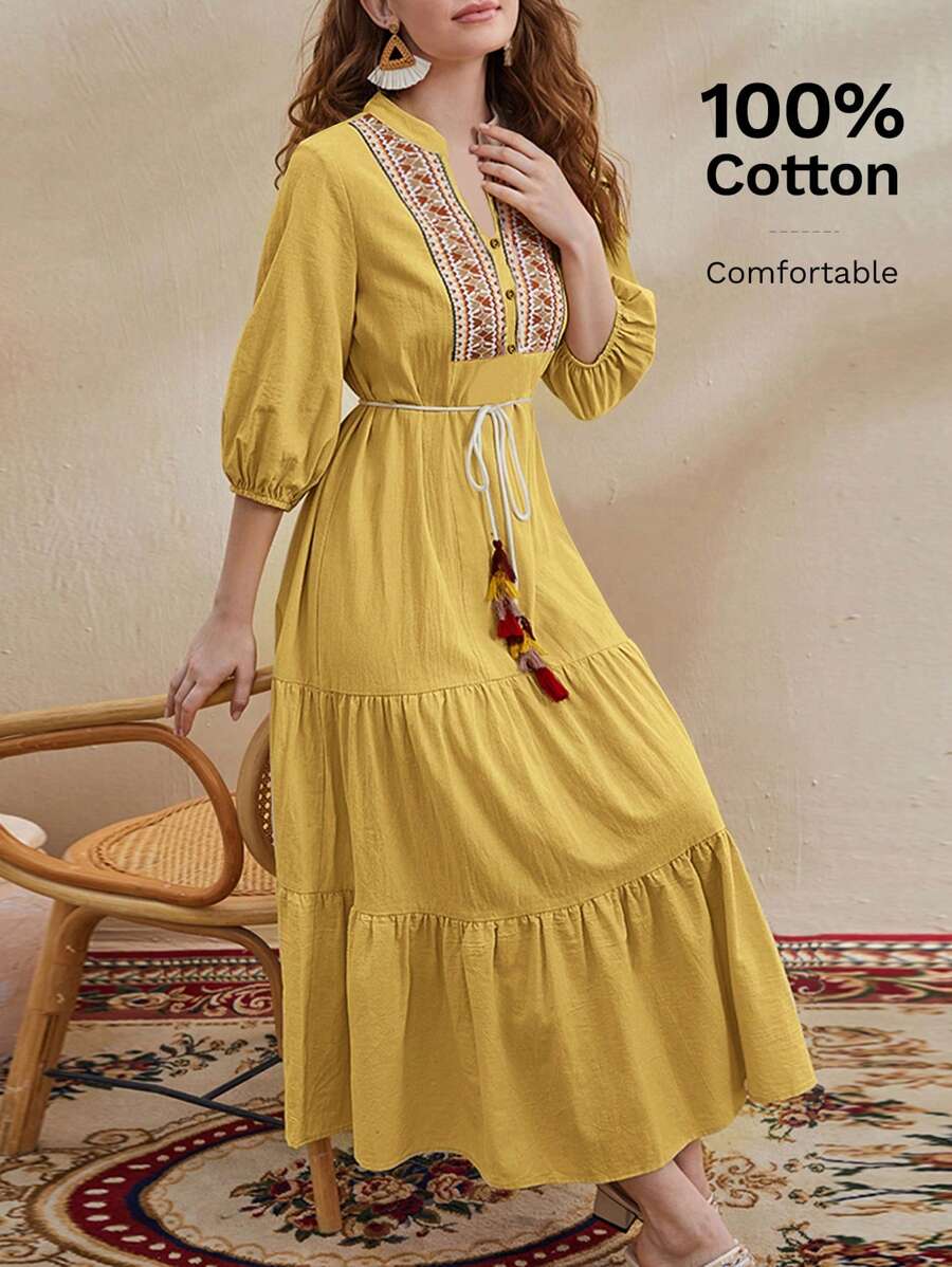 Al Najma Vestido con cinturón de cuello con cordón de manga farol con diseño de fleco bajo con fruncido