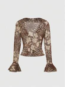 ROMWE Hippie Women Vintage Sheer Ruffled Tie Shirt - Khaki - View 2