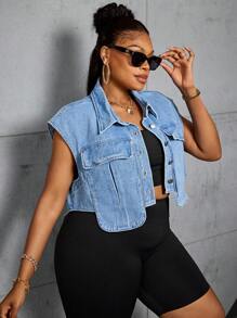 SHEIN SXY 大码女式单排扣短款休闲无袖牛仔上衣 - 藍色 - 查看 6