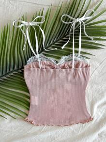 Soleia 针织蕾丝拼布紧身吊带背心 - 粉色 - 查看 2