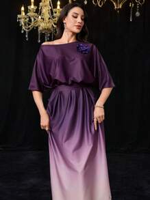 Modelyn Women's Ombre Gradient Oblique Shoulder Short Sleeve Casual Long Dress - Purple - View 1