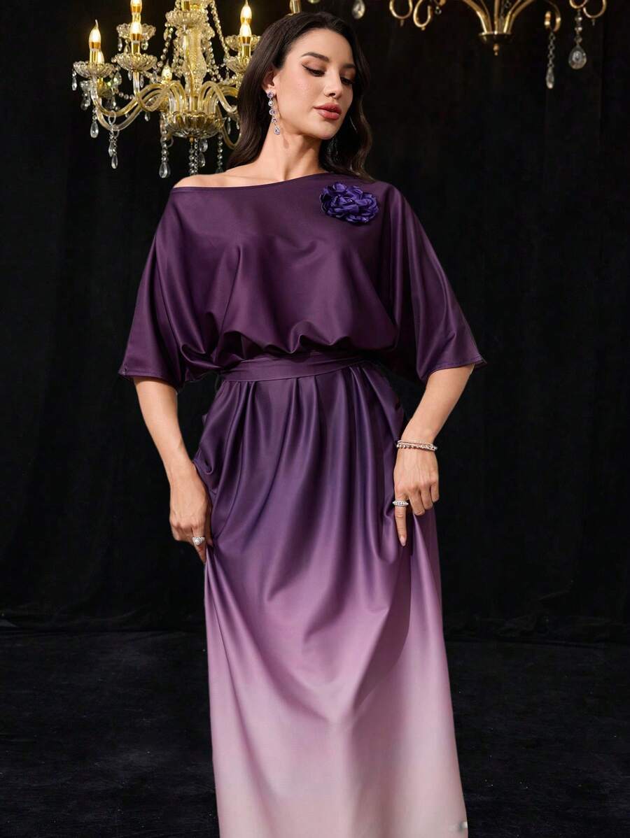 Modelyn Women's Ombre Gradient Oblique Shoulder Short Sleeve Casual Long Dress - Purple - View 1