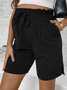 SHEIN Casual Black Ankle-Length Maternity Pants With Elastic Waistband, Side Pockets And Split Hem Design