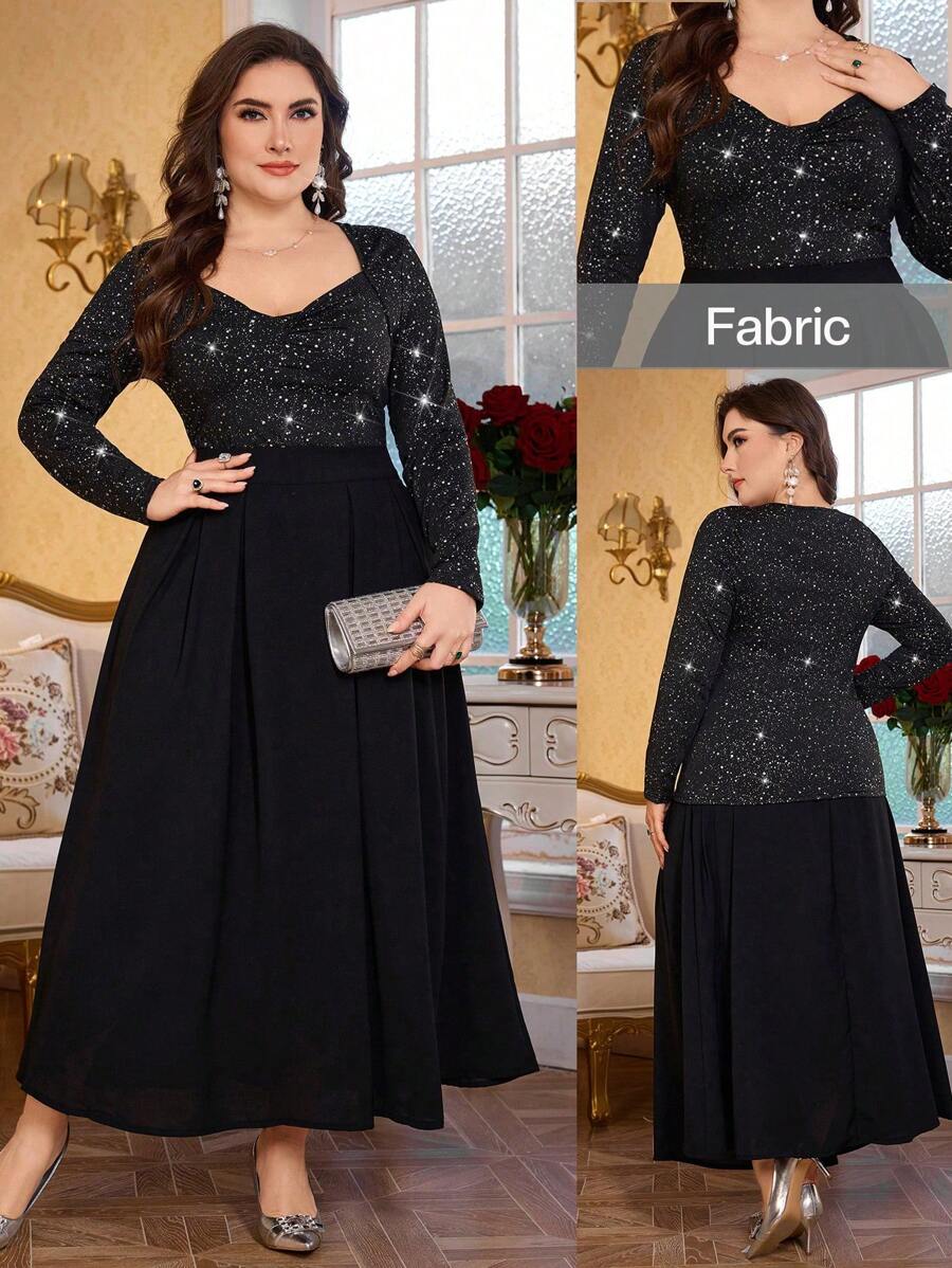 Modelyn Elegant Silver Foil Sweetheart Neck Long Sleeve Slim Fit Top And Elastic Waist A-Line Skirt 2 Pieces Set For Plus Size, Spring Autumn - Black - View 1