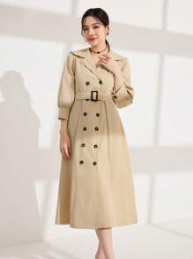 Modelyn Women's Solid Color Front Button Long Sleeve Simple Casual Dress - Beige - View 3