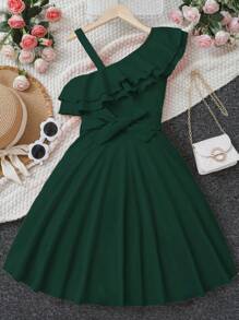 SHEIN Elegant Solid Color Asymmetrical Ruffle Hem Dress For Teen Girls,Holiday,Summer,Travel - Dark Green - View 4
