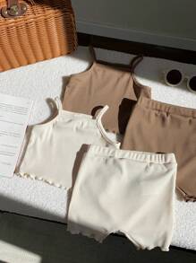 SHEIN 4pcs/Set Baby Girl Cute Knitted Camisole & Shorts Set, Summer