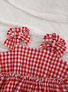 SHEIN Newborn Baby Girl 2pcs Cute Red Plaid Bow Camisole Top And Shorts Set, Summer - Red and White - View 5