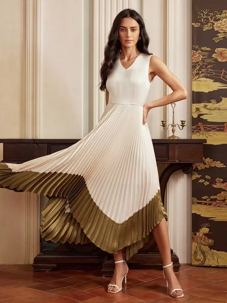Anewsta Elaire ANEWSTA Fashionable Pleated Midi Dress, Design, Sleeveless For Women, Spring/Summer, Modest