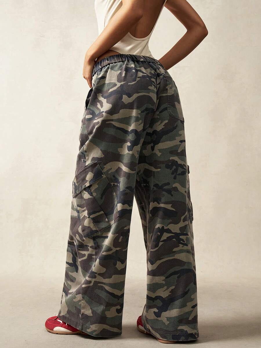 Bohemela Pantalones de mujer de pierna ancha con estampado de camuflaje, de cintura baja y bolsillos tipo cargo