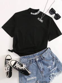 Seusyu Letter Graphic Mock-neck Tee - Black - View 6