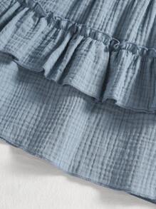 Baby Girls' 2pcs Set: Ribbed Mesh Puff Sleeve Top + Layered Ruffle Hem Skirt, Summer - Apricot - View 5