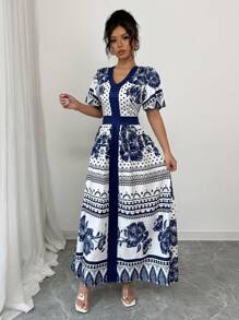 Chiquease Women's Elegant Blue Blue And White Porcelain Style Printed Long Dress Lotus Leaf Sleeve Short Sleeve Dress - Blue - View 6