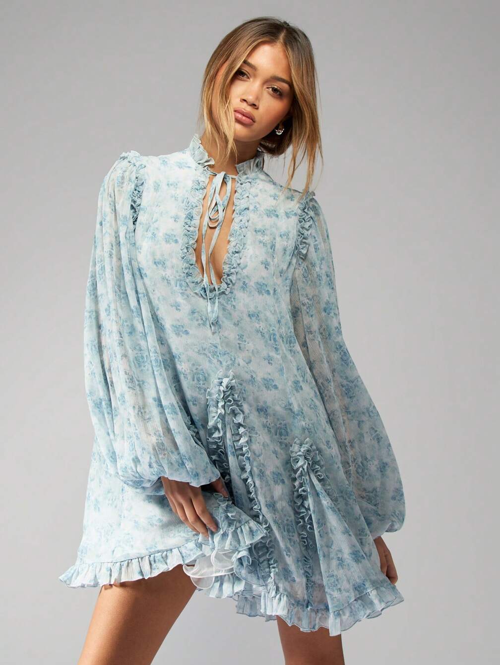missguided floral mini dress MISSGUIDED Floral Print Deep V Neck Wrap Mini Dress With Ruffled Tiered Skirt And Balloon Sleeves For Spring Summer Occasions,M