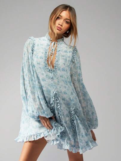 MISSGUIDED 维多利亚风格荷叶边迷你连衣裙灯笼袖褶饰春夏碎花茶会甜美风格伴娘婚礼宾客礼服