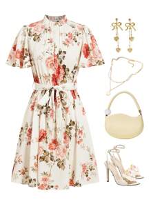 Ellevyn Women's Elegant Ruffle Collar Short Sleeve Cinched Waist Waist Floral Print A-Line Mini Dress - Multicolor - View 1
