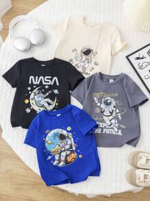 4pcs/Set Young Boy Cute Cartoon Astronaut Space Tech Letter & Planet Retro Print Knit Short Sleeve T-Shirts, Suitable For Kids, Back To School, Birthday, Evening, Performance, Wedding, Baptism, Daily, School, Travel, Sports, Spring/Summer - Multicolor - View 5