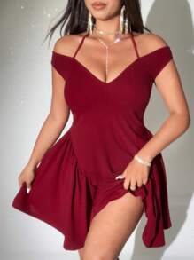 Viva Relle Plus Size Women Solid Color Ruffle Ruffle Hem Fashion Dress - Red - View 2