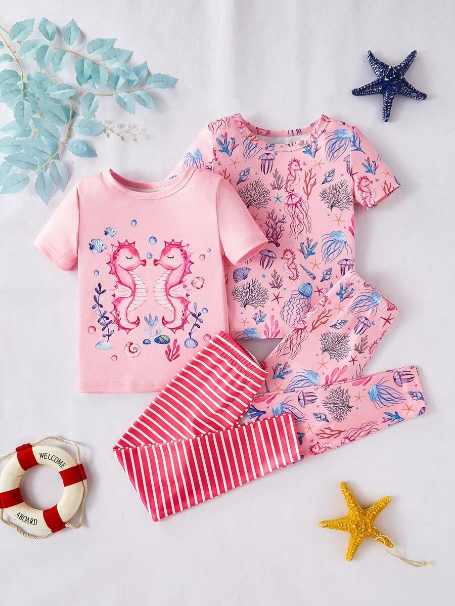 Young Girl Snug Fit Pajamas Set - Short Sleeve Top And Matching Pants. Featuring Cute Designs Of Hippo, Seaweed, Jellyfish, And Starfish In A Pink And Blue Tone. Soft Striped Fabric Material. - Multicolor - View 1