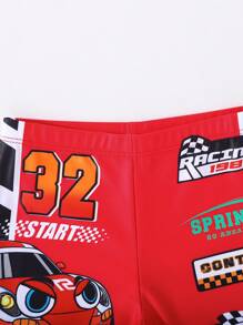 SHEIN 3pcs/Set Young Boy Kids Comfortable, Casual, Cute, Fashionable Racing Car Pattern Red Swimsuit Three Pieces Set With Swimming Cap, Suitable For Spring And Summer Seasons, Suitable For Outdoor Vacation, Swimming, Soaking In Hot Springs, Wearing Swimsuit Cover Up, Beach Swimming, Beach Surfing Vacation - Red - View 9