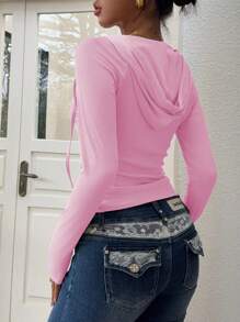 Rina Fox 女士休闲纯色拉链连帽夹克 - 粉色 - 查看 2