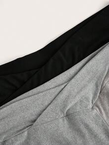 SHEIN EZwear 两件套加大码黑色和灰色腰部交叉设计修身休闲喇叭裤套装 - 彩色 - 查看 3